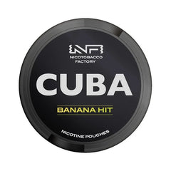 Nicotine pouch container with 'Cuba Banana Hit' branding on a black background