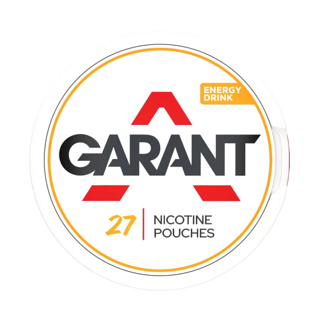 Round label for Garant energy drink with nicotine pouches on a white background