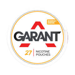 Round label for Garant energy drink with nicotine pouches on a white background