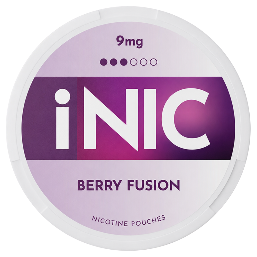 A round white plastic container of iNIC Berry Fusion nicotine pouches, 9mg strength, featuring a purple and lavender label with white branding.