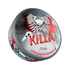 KILLA Cola slim pouch can with winged skull design and intense red-black background