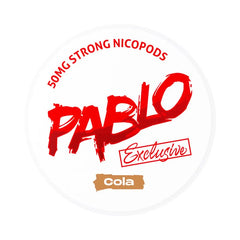 Pablo cola nicotine pod packaging with red and brown text on a white background