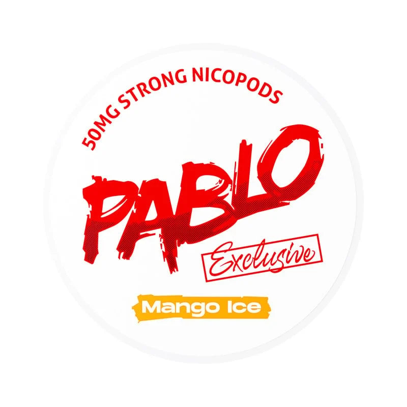 Pablo Exclusive Mango Ice pouch label with bold red text and mango-themed design