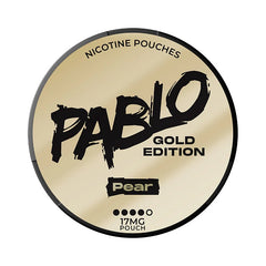 Pablo Gold Edition nicotine pouches container with 'Pear' branding on a beige background