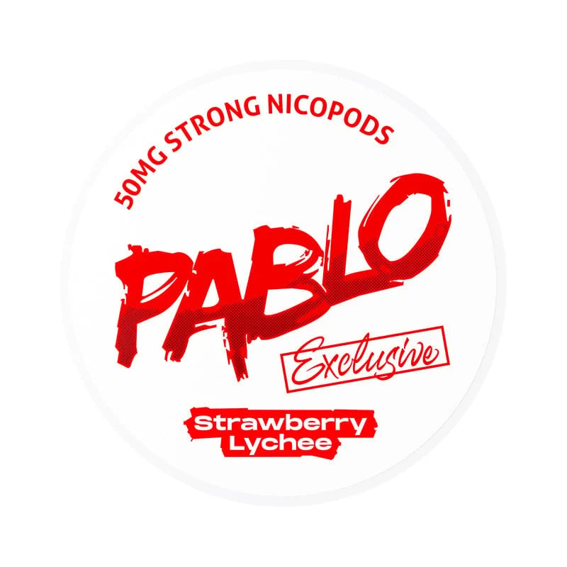 Pablo Exclusive Strawberry Lychee pouch label with bold red text and white background