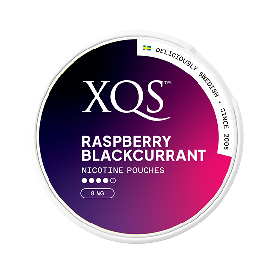 XQS raspberry blackcurrant nicotine pouches container on a white background