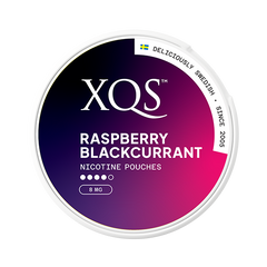 XQS raspberry blackcurrant nicotine pouches container on a white background