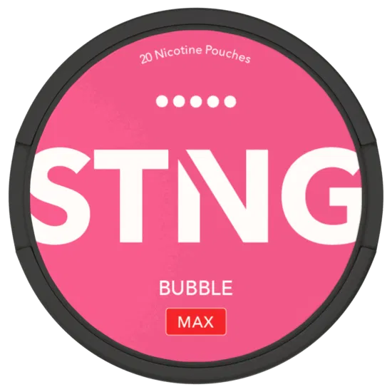Pink container of STING bubble gum with black border