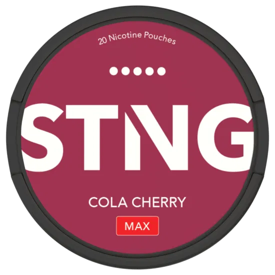 STING Cola Cherry MAX nicotine pouch container on a white background