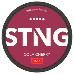 STING Cola Cherry MAX nicotine pouch container on a white background