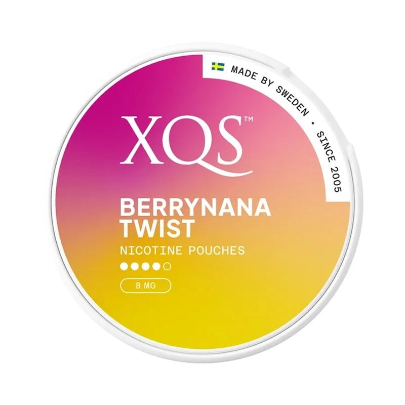 XQS Berrynana Twist nicotine pouches container with gradient design on a white background