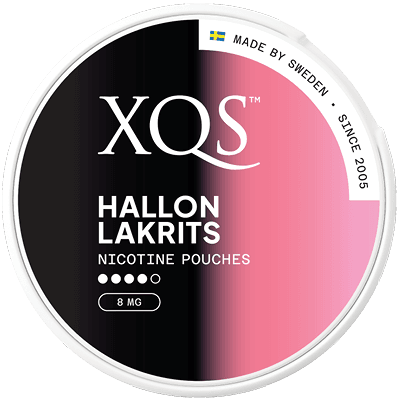 XQS Hallon Lakrits nicotine pouches container with black and pink design