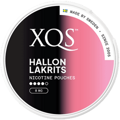 XQS Hallon Lakrits nicotine pouches container with black and pink design