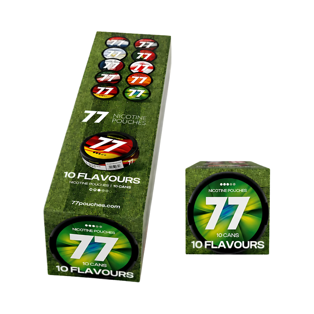 77 pouches packaging with colorful labels on a white background