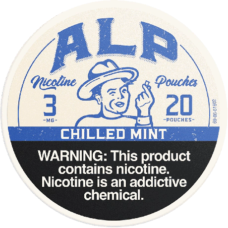 Nicotine pouch packaging with vintage design and warning label.