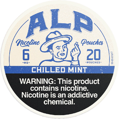 Nicotine pouch container with vintage design and warning label.