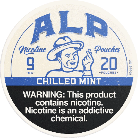 Nicotine pouch packaging with a vintage design and warning label.