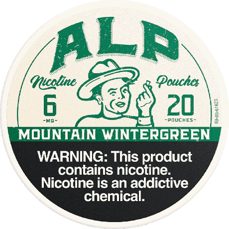 ALP Nicotine Pouches label with a vintage design and warning text.