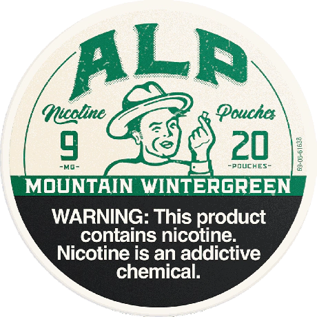 Vintage-style product label for ALP Nicotine Pouches with a warning message.
