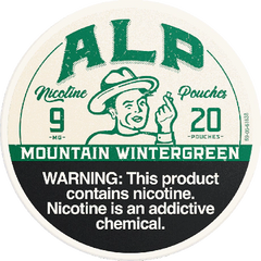 Vintage-style product label for ALP Nicotine Pouches with a warning message.