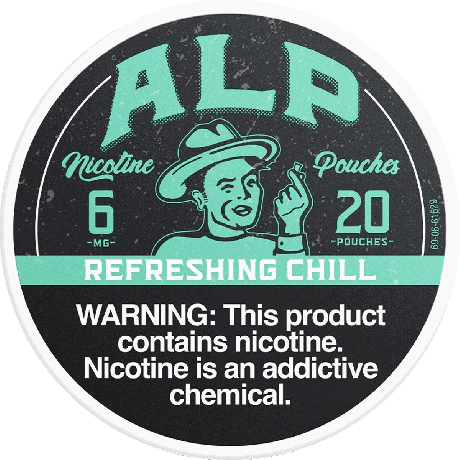Nicotine pouch packaging with branding and warning label