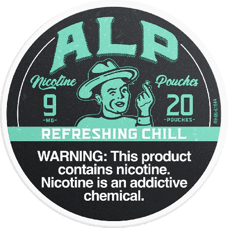 Nicotine pouch packaging with a warning label and character illustration.
