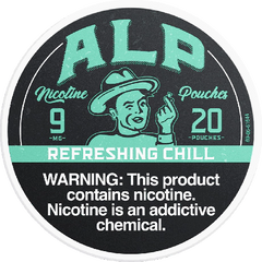 Nicotine pouch packaging with a warning label and character illustration.