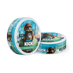 Two containers of Light Kick product with a monkey graphic on a white background
