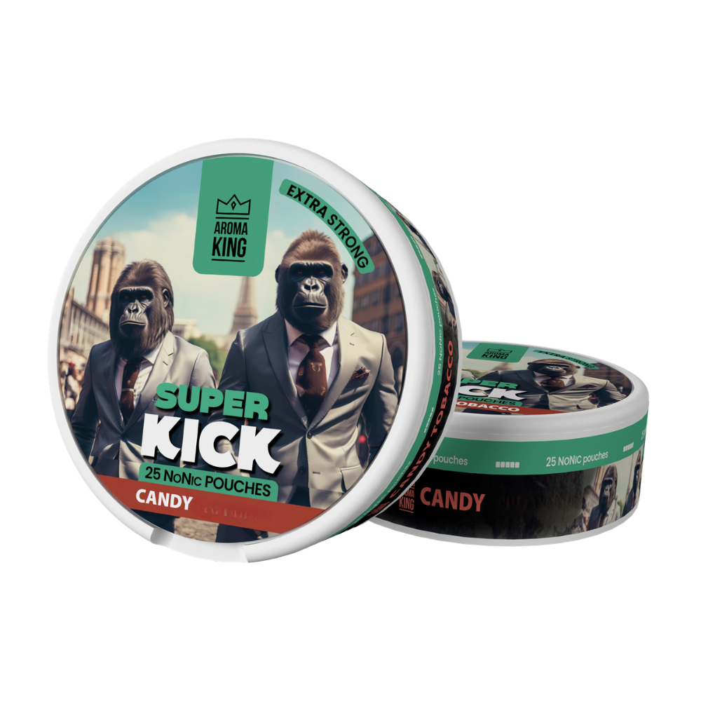 Two tins of 'Super Kick Candy' with gorilla graphics on a white background