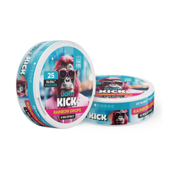 Two containers of Light Kick product with colorful design and monkey graphic on a white background