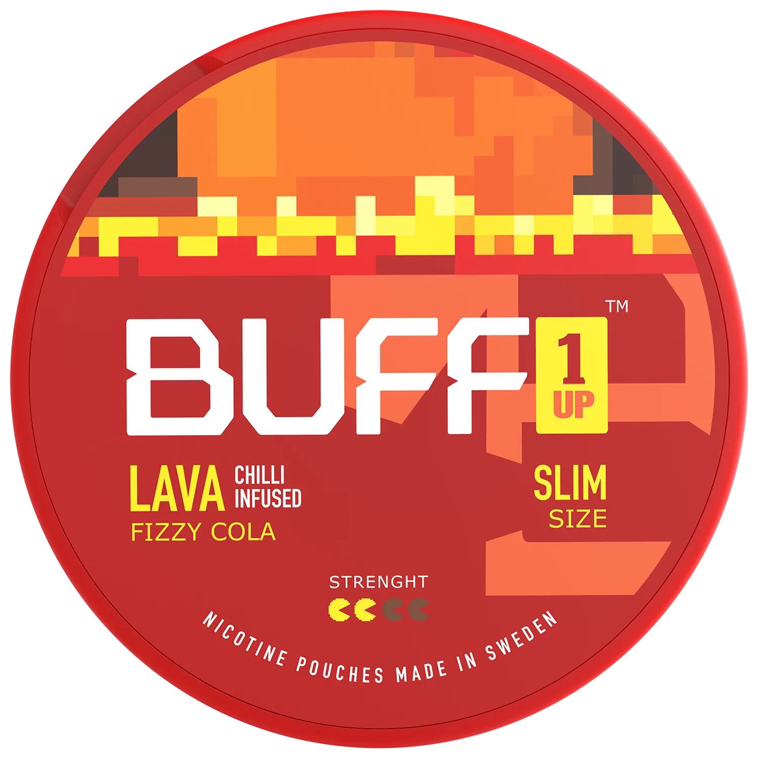 Circular red packaging of BUFF 1 Up with fiery design and text