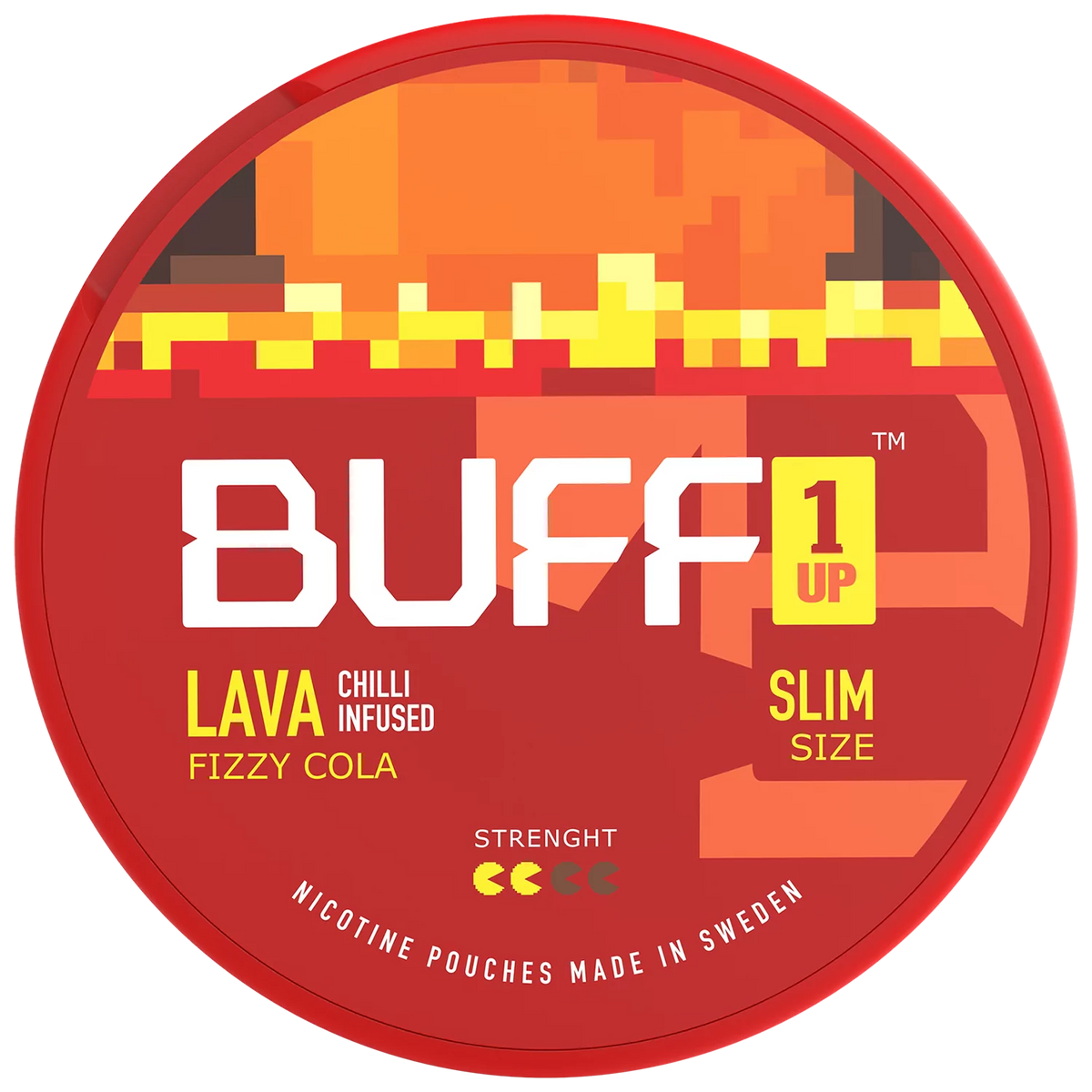 Circular red packaging of BUFF 1 Up with fiery design and text
