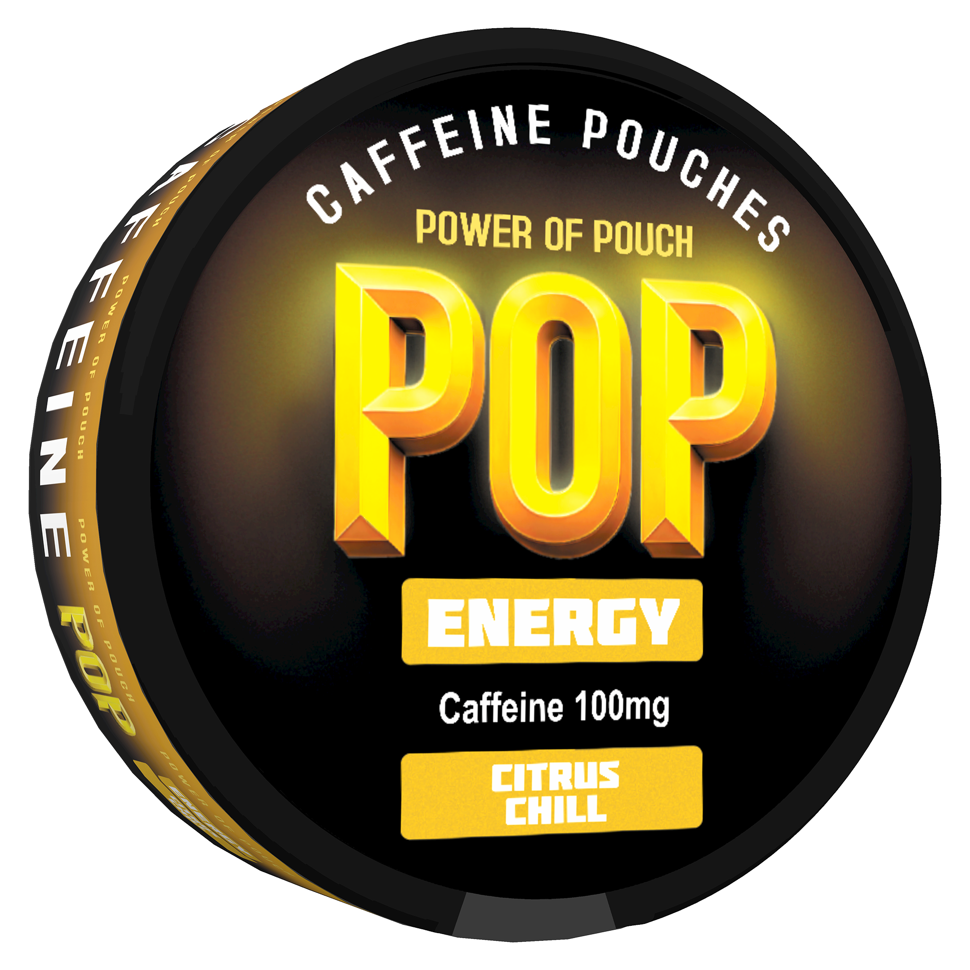 Caffeine pouches packaging with 'POP Energy' branding on a black and yellow background
