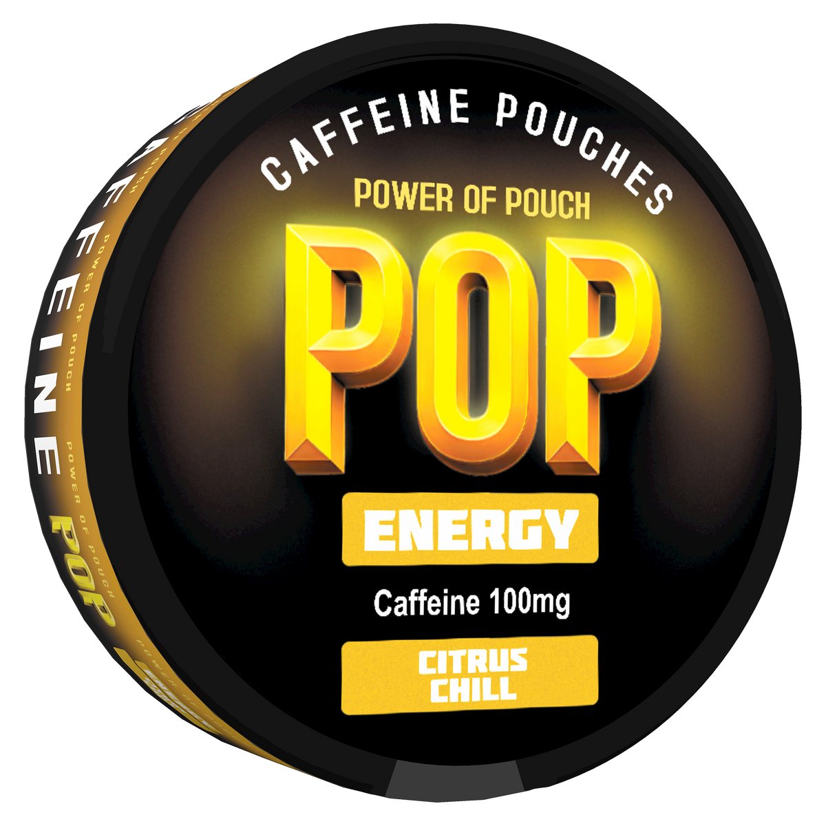 Caffeine pouches packaging with 'POP Energy' branding on a black and yellow background
