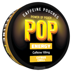 Caffeine pouches packaging with 'POP Energy' branding on a black and yellow background