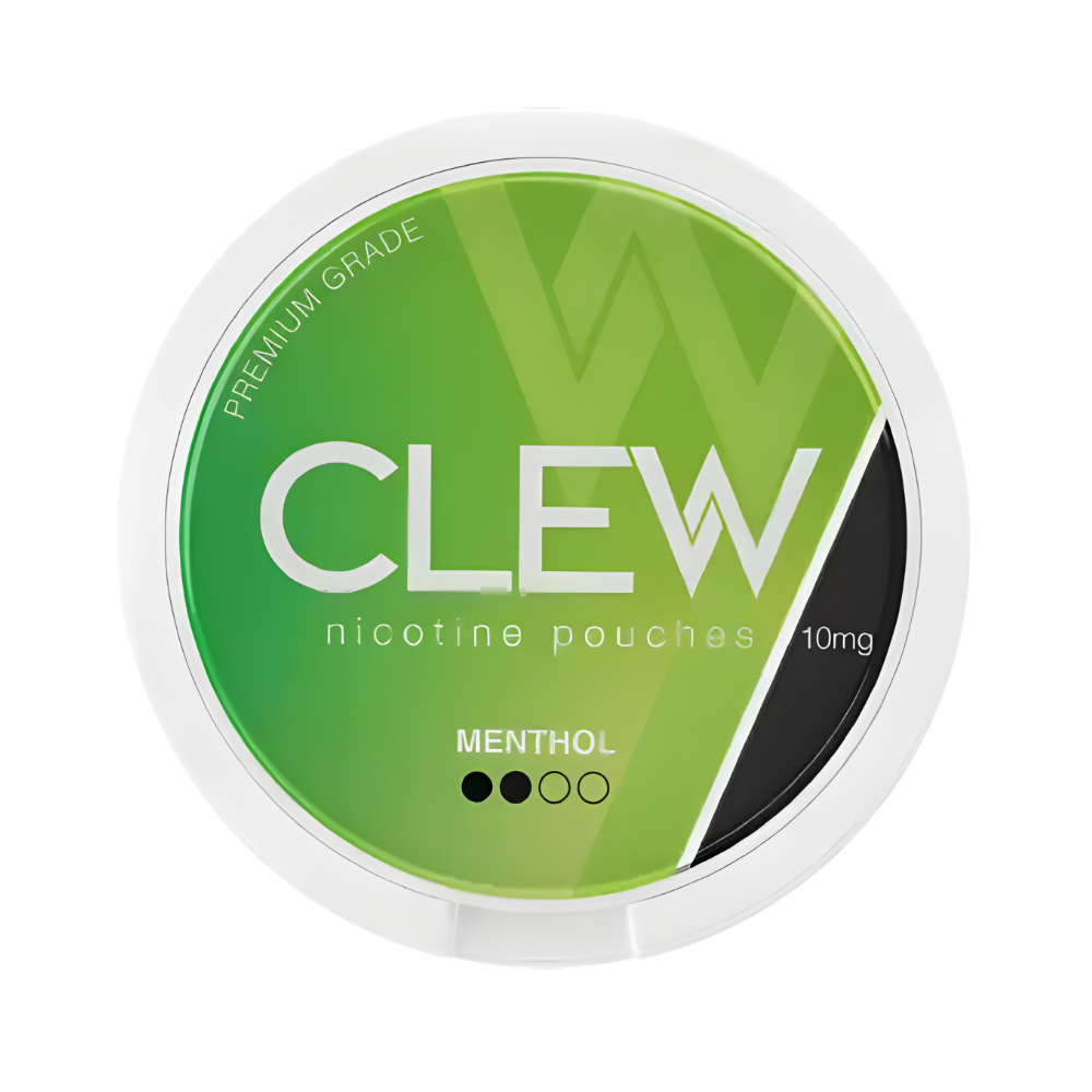 Clew nicotine pouches container with green and white design on a white background