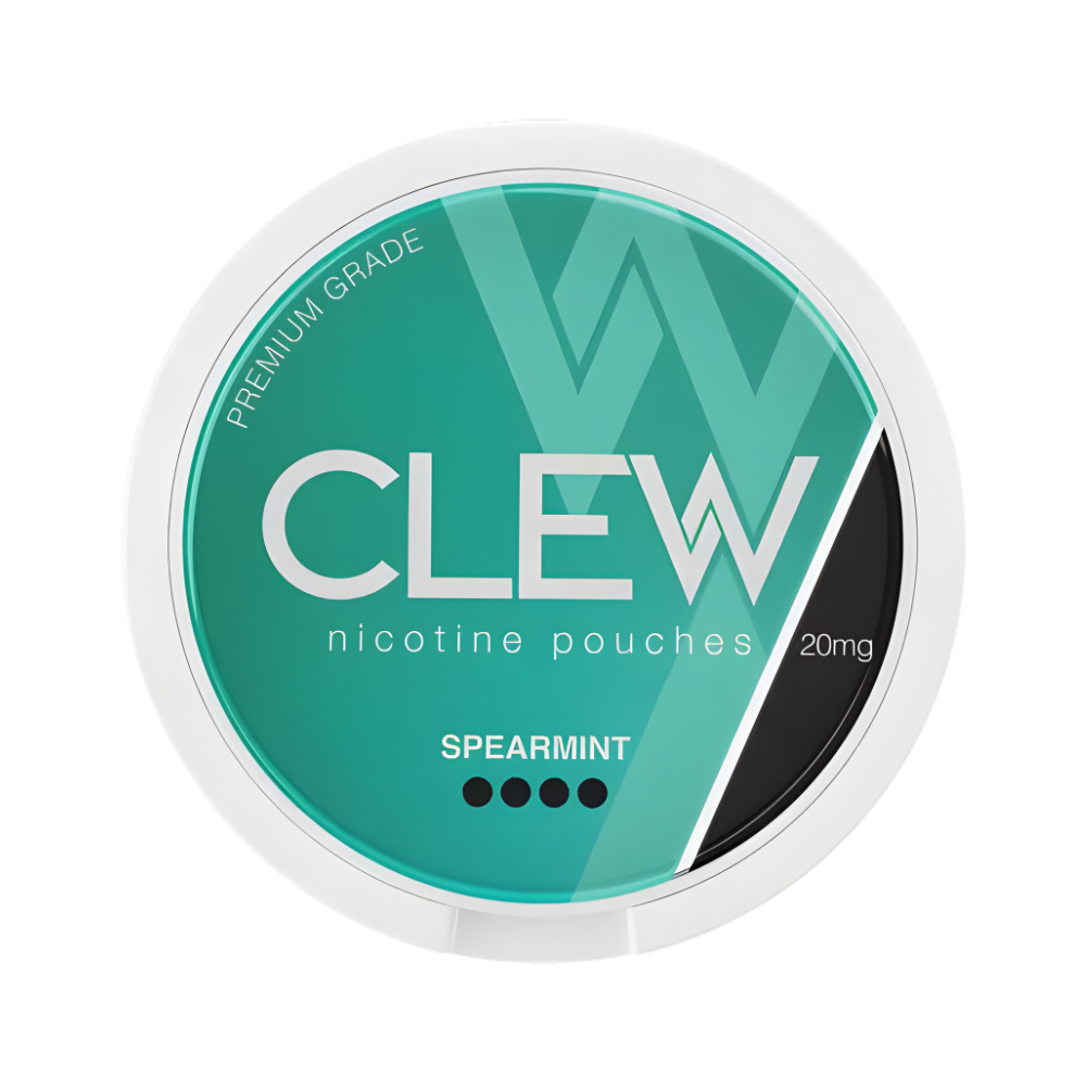 CLEW nicotine pouches packaging with spearmint flavor on a white background