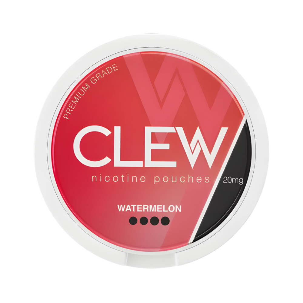 CLEW nicotine pouches container with red and white design on a white background