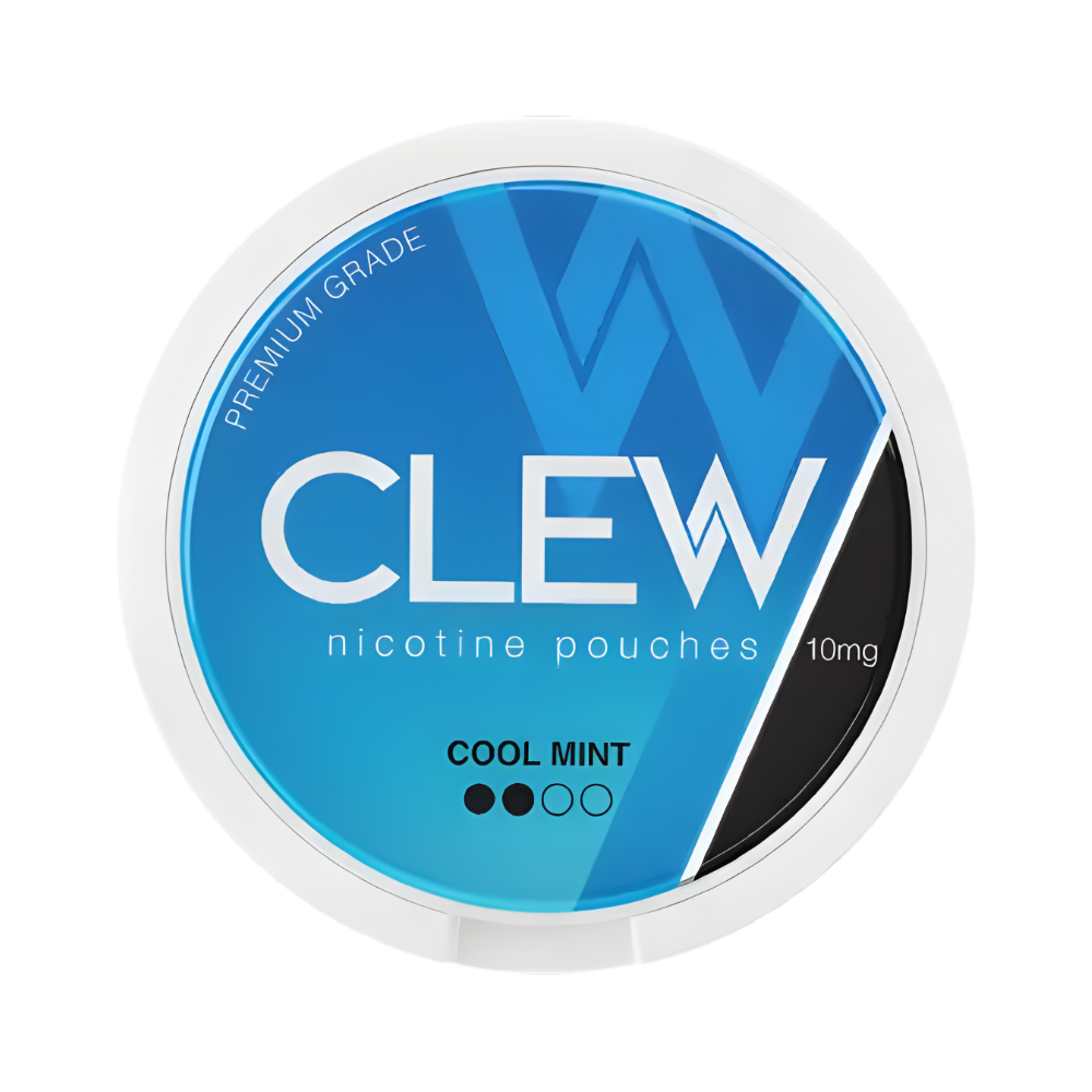 CLEW nicotine pouches packaging with blue and white design on a white background