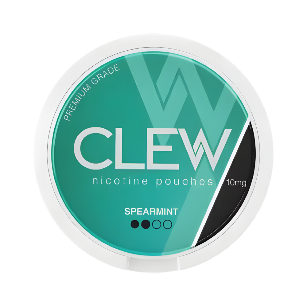 Clew nicotine pouches packaging with spearmint flavor on a white background