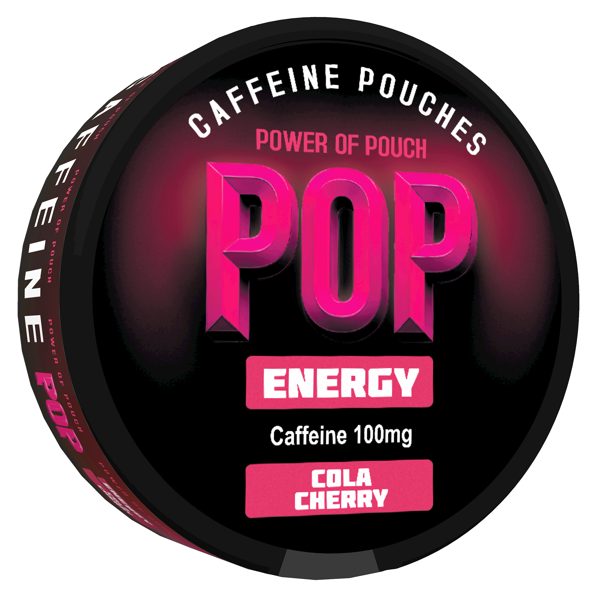 Caffeine pouches packaging with 'POP' branding on a black background