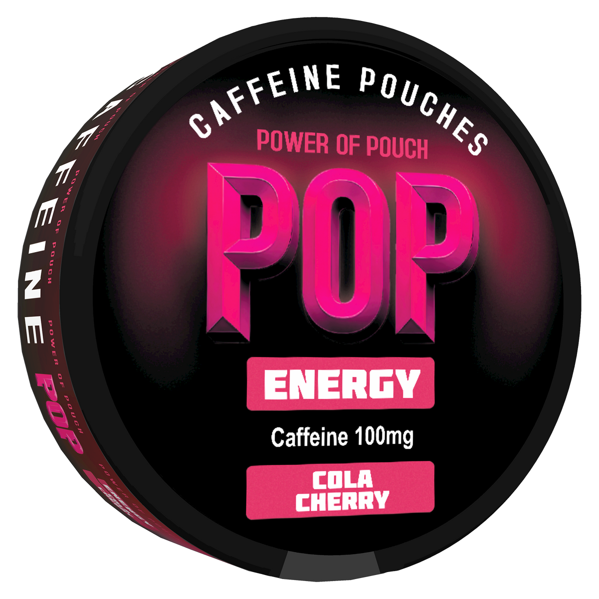 Caffeine pouches packaging with 'POP' branding on a black background
