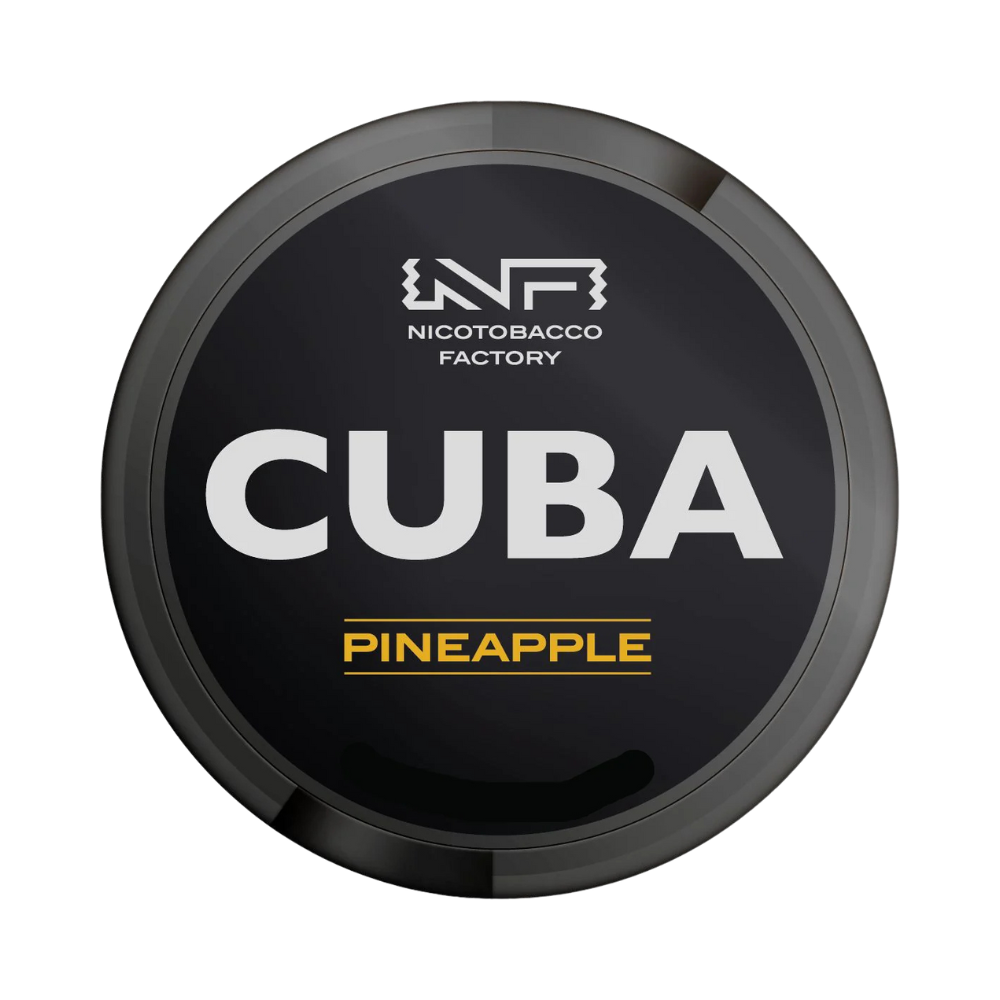 Round black container with 'Cuba Pineapple' text and Nicotabacco Factory logo on a white background