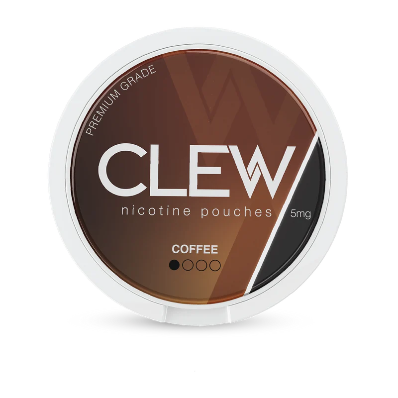 CLEW nicotine pouches container with 'Coffee' flavor on a white background