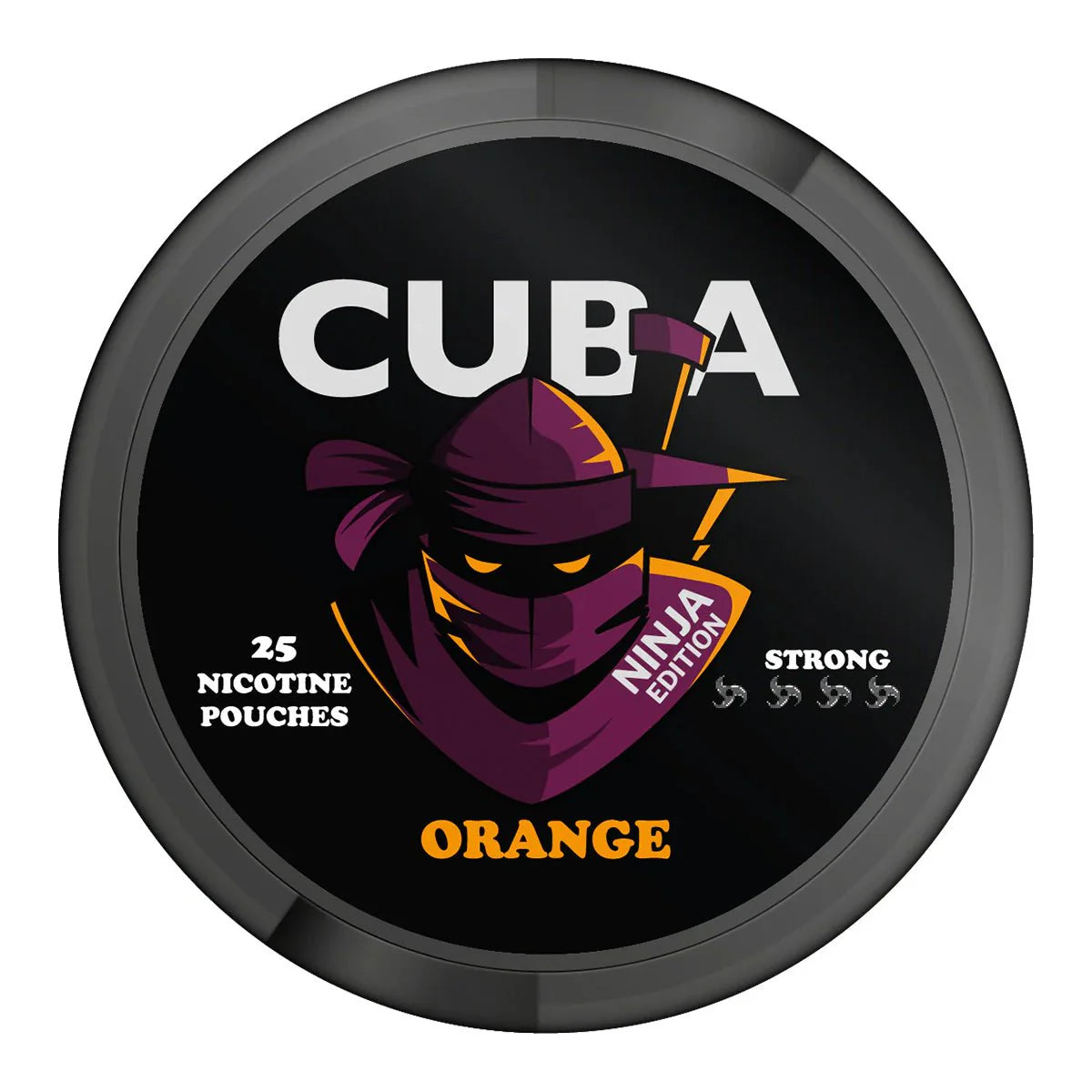Circular product packaging with a ninja-themed design on a black background