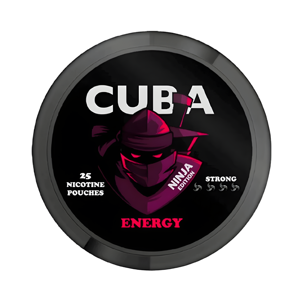 Cuba Energy nicotine pouch container with ninja-themed design on a black background