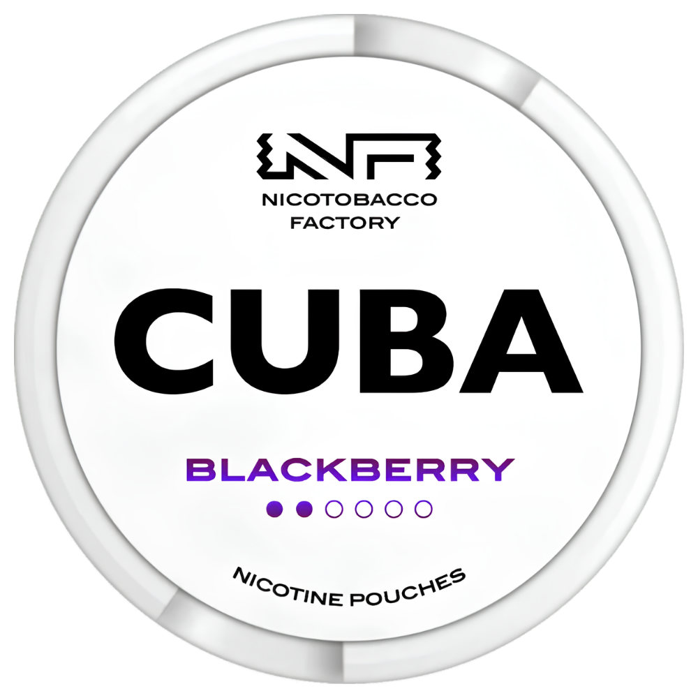 A circular white canister for Nicotobacco Factory Cuba Blackberry nicotine pouches, featuring a white lid with black and purple text.