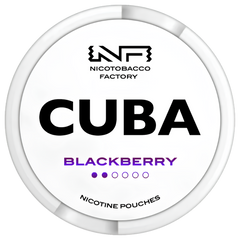 A circular white canister for Nicotobacco Factory Cuba Blackberry nicotine pouches, featuring a white lid with black and purple text.