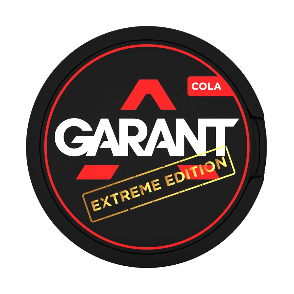 Round black container with 'Garant Cola Extreme Edition' text on a white background