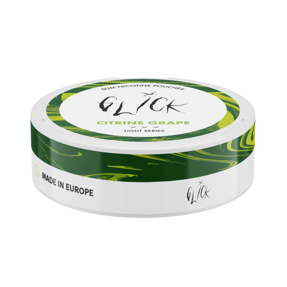 Flat-angle view of Glick Citrine Grape Slim Nicotine Pouches, Light Series. The can features a sleek white base with green and yellow marble-like accents around the edge. The top highlights the 'Citrine Grape' flavour in green text, with the Glick logo prominently displayed above. This light nicotine pouch includes three mild strength indicators (4mg nicotine) and a 'Made in Europe' label on the side for quality assurance. Designed for a fresh and fruity experience in Australia and New Zealand.